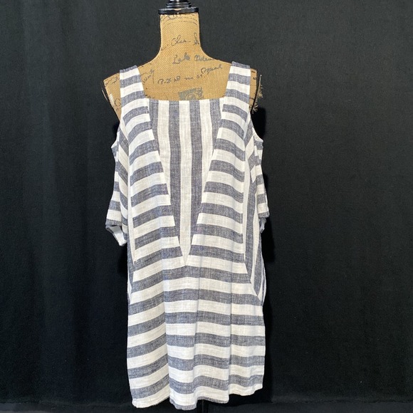 NEW Soft Surroundings S Linen Bl Tunic Top Pocket Shift Cold Shoulder Sunset - Picture 2 of 9